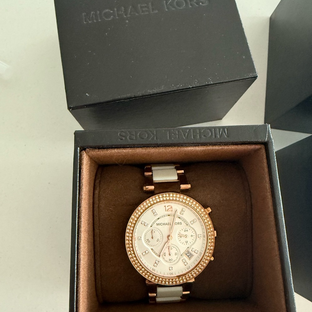Michael Kors Rose Gold and White Timepiece